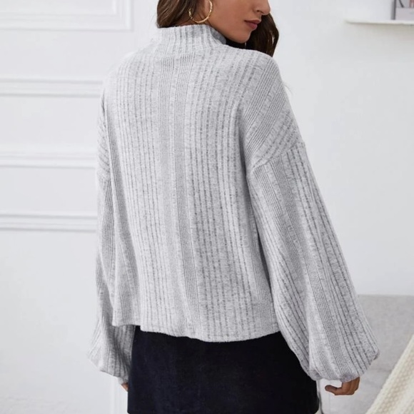 Mockneck ribbed knit lantern sleeve top burgundy red cozy - Picture 10 of 10